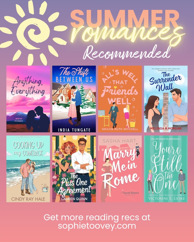 eight romance book covers with title Summer romances. all clean and closed door including Anything Everything, The Surrender Wall, Marry Me in Rome and You're Still the One.