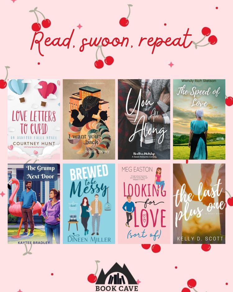 graphic for the Read Swoon Repeat clean romance newsletter. Features 24 free clean romance books by various authors, including Love Letters to Cupid, I Want You Back, You All Along, and The Speed of Love. The books include popular romance tropes such as enemies to lovers, forced proximity, opposites attract, second chance romance, he falls first, and slow burn. Free download available through newsletter sign-up.