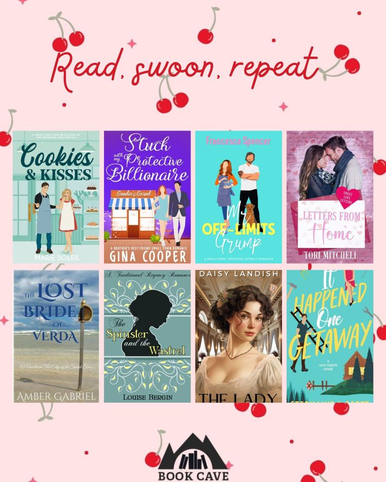 graphic for the Read Swoon Repeat clean romance newsletter. Features 24 free clean romance books by various authors, including Love Letters to Cupid, I Want You Back, You All Along, and The Speed of Love. The books include popular romance tropes such as enemies to lovers, forced proximity, opposites attract, second chance romance, he falls first, and slow burn. Free download available through newsletter sign-up.