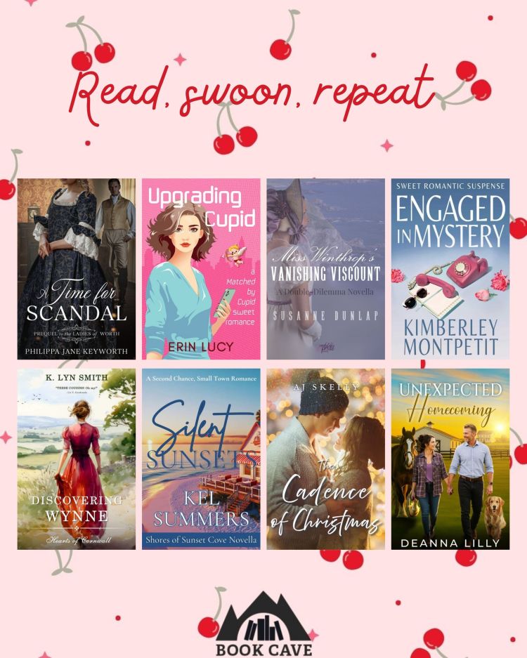 graphic for the Read Swoon Repeat clean romance newsletter. Features 24 free clean romance books by various authors, including Love Letters to Cupid, I Want You Back, You All Along, and The Speed of Love. The books include popular romance tropes such as enemies to lovers, forced proximity, opposites attract, second chance romance, he falls first, and slow burn. Free download available through newsletter sign-up.